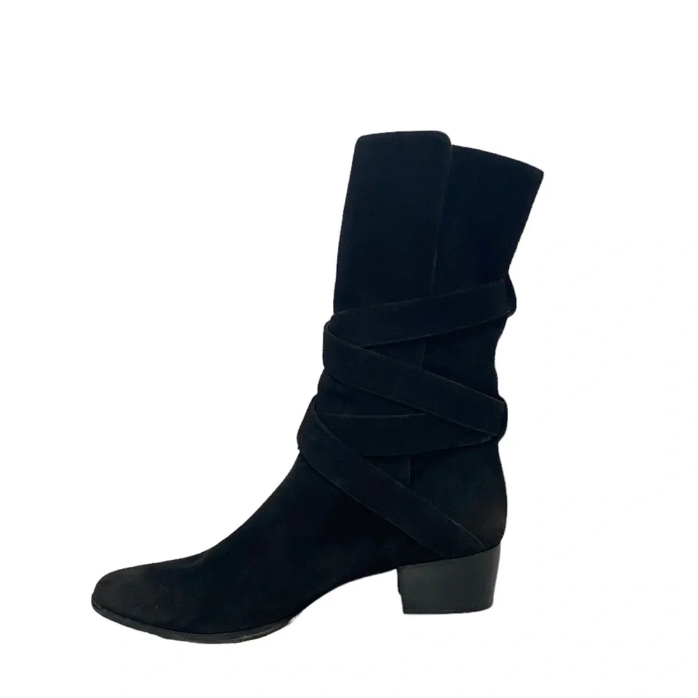 YSL Yves Saint Laurent Suede Fall Fold‎ Down Strappy Buckle Black Ankle Boots - Picture 3 of 11